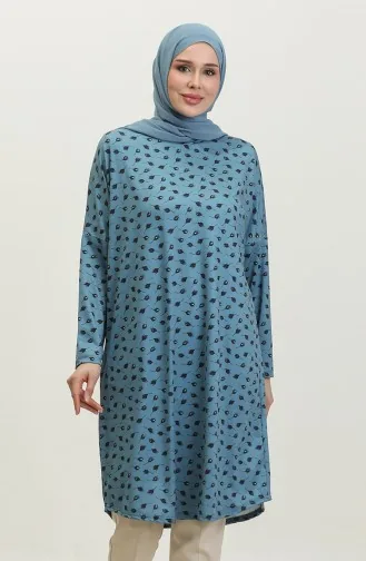 تونيك منقوش للمحجبات 8711-01 أزرق بترولي 8711-01