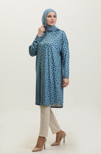 Relaxed Fit Patterned Tunic 8711-01 Petrol Blue 8711-01