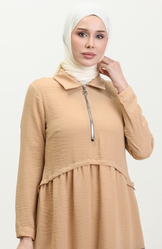 Zippered Stripe Detailed Tunic Beige T1582 901