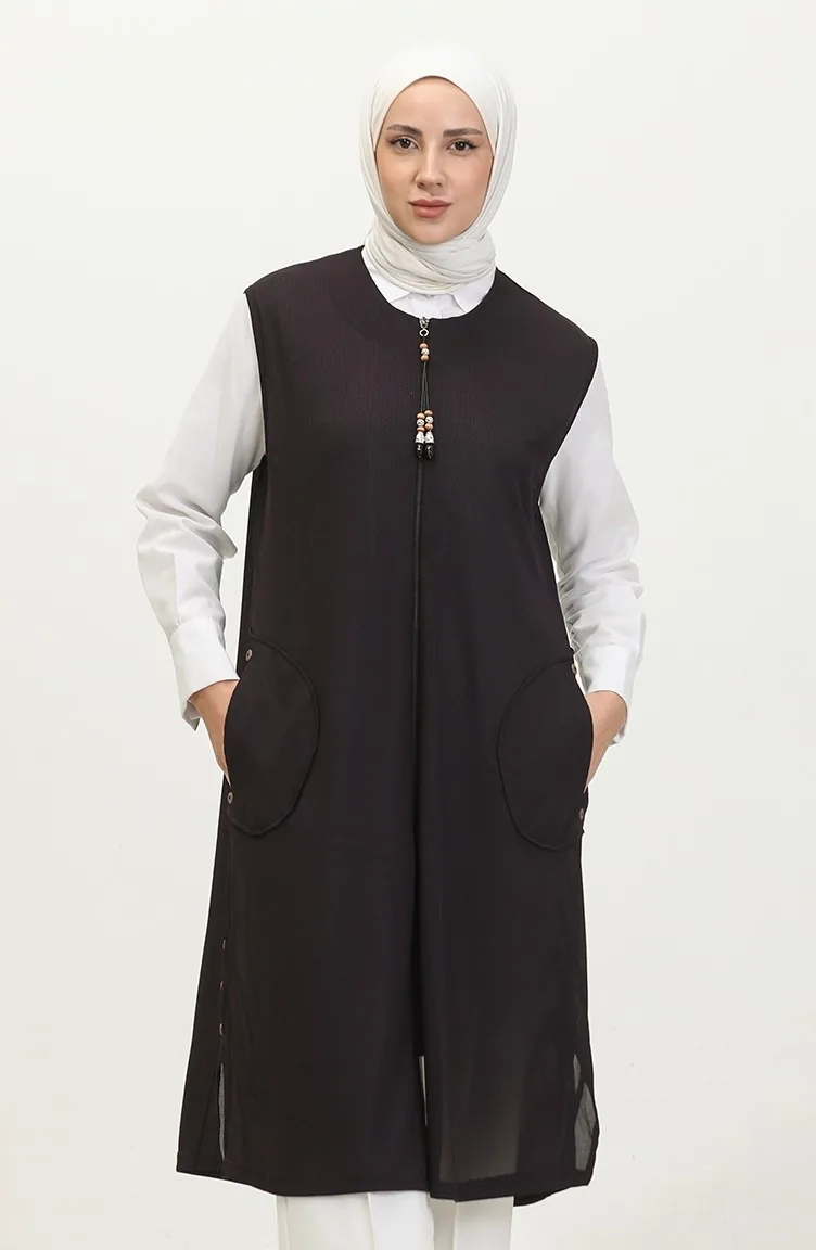 Women`s Large Size Honeycomb Fabric Pocketed Zippered Buttoned Vest 4994 Plum 4994.Mürdüm