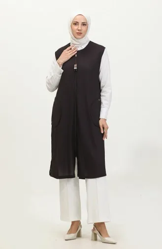 Women`s Large Size Honeycomb Fabric Pocketed Zippered Buttoned Vest 4994 Plum 4994.Mürdüm