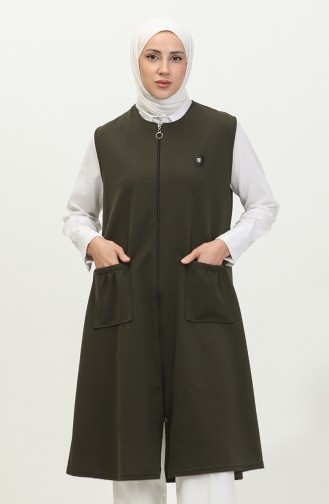 Women`s Leather Pocketed Large Size Long Vest 8429 Khaki 8429.Haki