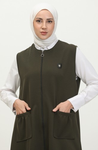 Women`s Leather Pocketed Large Size Long Vest 8429 Khaki 8429.Haki
