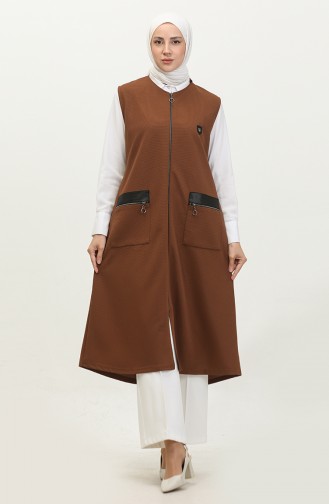 Gilet Long En Cuir Avec Poches Pour Femmes Grande Taille 8429 Marron 8429.Kahverengi