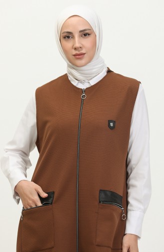 Gilet Long En Cuir Avec Poches Pour Femmes Grande Taille 8429 Marron 8429.Kahverengi