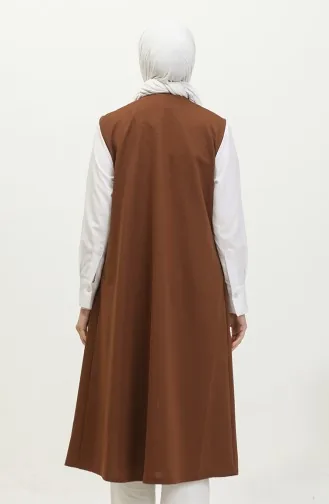 Gilet Long En Cuir Avec Poches Pour Femmes Grande Taille 8429 Marron 8429.Kahverengi