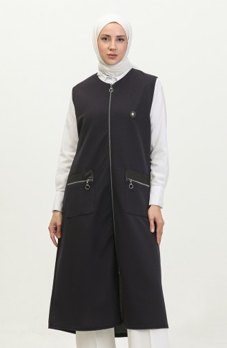 Women`s Leather Pocketed Large Size Long Vest 8429 Navy Blue 8429.Lacivert