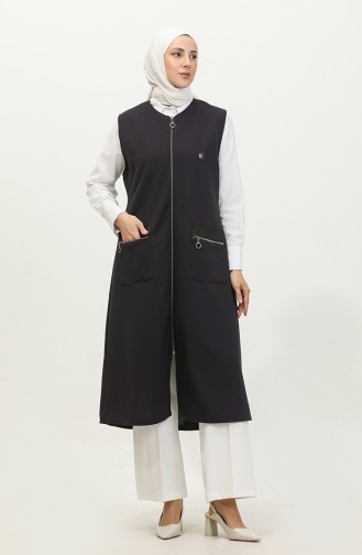 Women`s Leather Pocketed Large Size Long Vest 8429 Navy Blue 8429.Lacivert