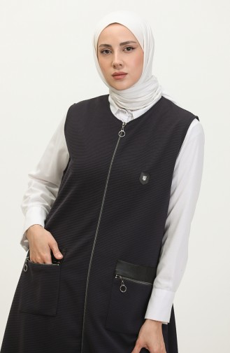 Women`s Leather Pocketed Large Size Long Vest 8429 Navy Blue 8429.Lacivert