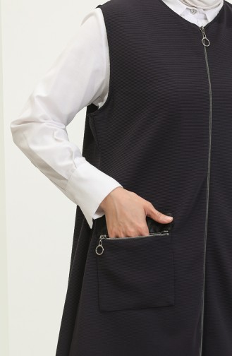 Women`s Leather Pocketed Large Size Long Vest 8429 Navy Blue 8429.Lacivert