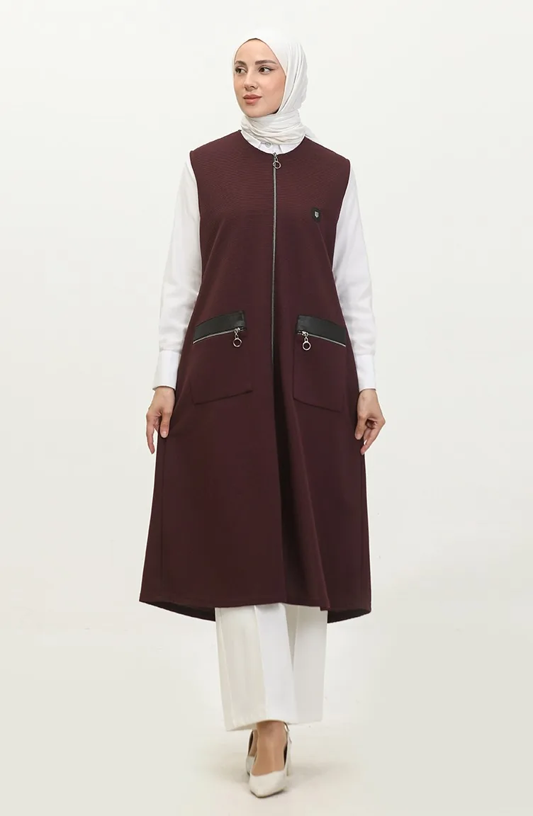 Women`s Leather Pocketed Large Size Long Vest 8429 Plum 8429.Mürdüm