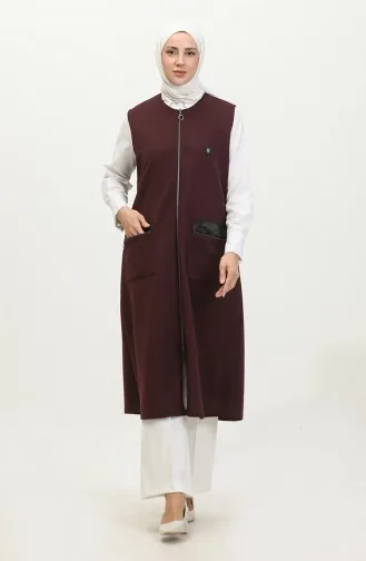 Women`s Leather Pocketed Large Size Long Vest 8429 Plum 8429.Mürdüm