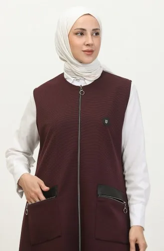Women`s Leather Pocketed Large Size Long Vest 8429 Plum 8429.Mürdüm