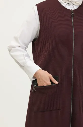 Women`s Leather Pocketed Large Size Long Vest 8429 Plum 8429.Mürdüm