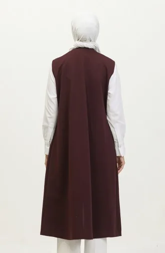 Women`s Leather Pocketed Large Size Long Vest 8429 Plum 8429.Mürdüm