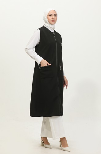 Lang Leren Damesvest Met Zak Groot Formaat 8429 Zwart 8429.siyah