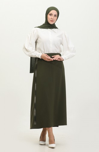 Women`s Large Size Pencil Mother Skirt With Stones On The Sides 8555 Khaki 8555.Haki