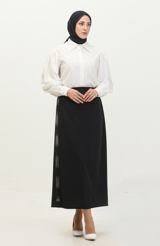 Women`s Large Size Pencil Mother Skirt With Stones On The Sides 8555 Navy Blue 8555.Lacivert