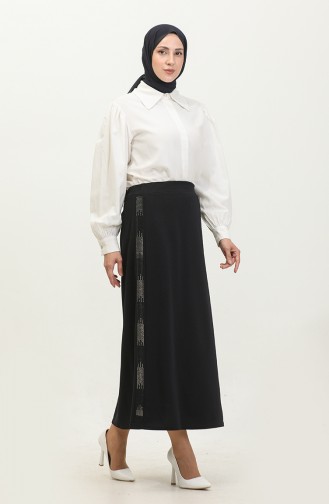 Women`s Large Size Pencil Mother Skirt With Stones On The Sides 8555 Navy Blue 8555.Lacivert