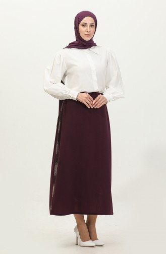 Women`s Large Size Pencil Mother Skirt With Stones On The Sides 8555 Plum 8555.Mürdüm