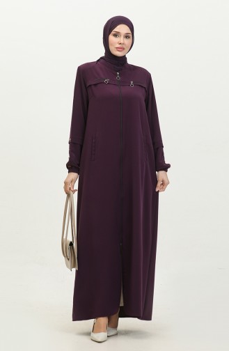Women`s Large Size Ayrobin Abaya With Zipper And Longer Than Length 5040 2 Plum 5040-2.Mürdüm