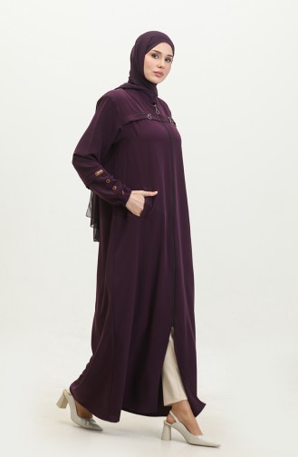 Women`s Large Size Ayrobin Abaya With Zipper And Longer Than Length 5040 2 Plum 5040-2.Mürdüm