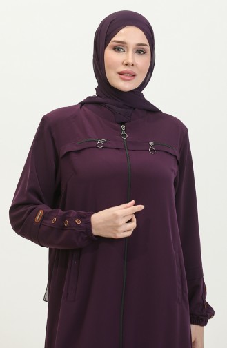 Women`s Large Size Ayrobin Abaya With Zipper And Longer Than Length 5040 2 Plum 5040-2.Mürdüm