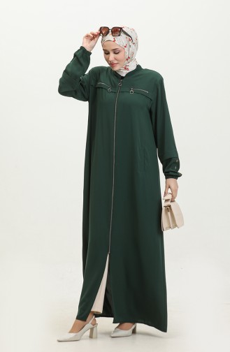 Women`s Plus Size Abaya With Button Sleeves For Summer 5040 Emerald Green 5040.ZÜMRÜT YEŞİLİ