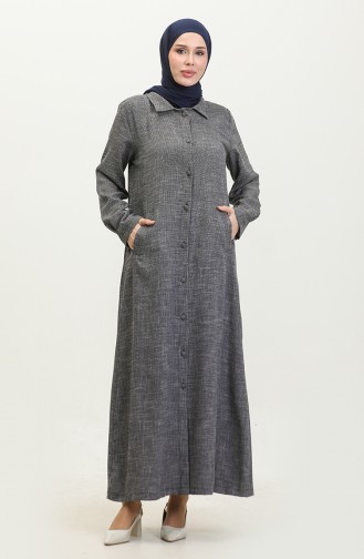 Vivezza Collared Buttoned Linen Abaya 7010-01 Navy Blue 7010-01