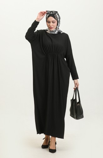 Büzgülü Rahat Kesim Bürümcük Uzun Elbise 8715-01 Siyah