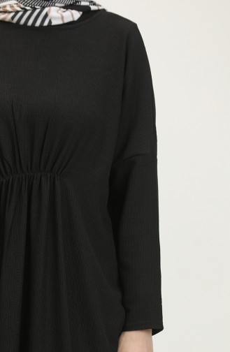 Büzgülü Rahat Kesim Bürümcük Uzun Elbise 8715-01 Siyah