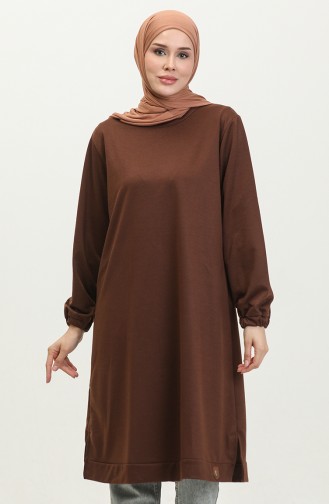 Lange Hijab-Tunika Aus Zweifädig Gekämmter Baumwolle Für Damen In Großer Größe 8142 Braun 8142.Kahverengi