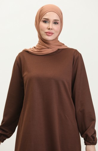 Lange Hijab-Tunika Aus Zweifädig Gekämmter Baumwolle Für Damen In Großer Größe 8142 Braun 8142.Kahverengi