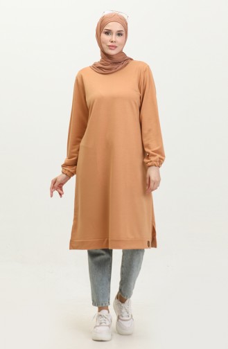 Women`s Large Size Two Thread Combed Cotton Long Hijab Tunic 8142 Tan 8142.TABA