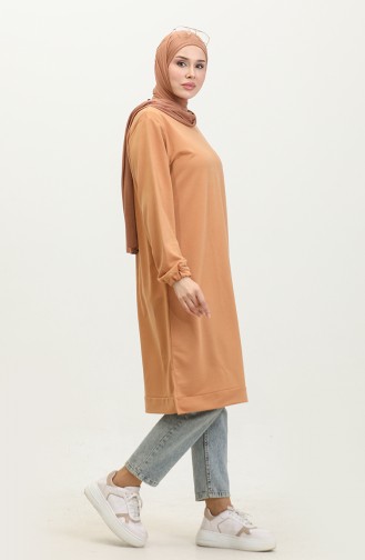 Lange Hijab-Tunika Aus Zweifädig Gekämmter Baumwolle Für Damen Große Größe 8142 Hellbraun 8142.TABA