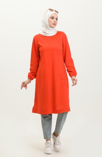 Lange Hijab-Tunika Aus Zweifädig Gekämmter Baumwolle Für Damen In Großer Größe 8142 Orange 8142.TURUNCU