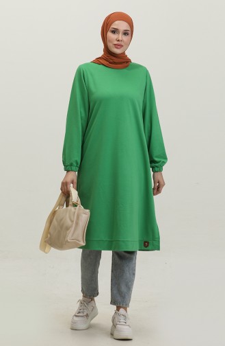 Women`s Large Size Two Thread Combed Cotton Long Hijab Tunic 8142 Green 8142.Yeşil
