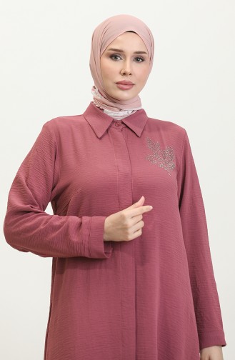 Women`s Large Size Leaf Printed Shirt Tunic 8171 Dusty Rose 8171.Gül Kurusu