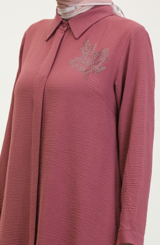 Große Damen-Hemdtunika Mit Blattmuster 8171 Dusty Rose 8171.Gül Kurusu