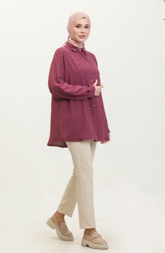 Damen-Hijab-Kleidung Große Größe Tunika-Hemd Stone Bakili 8707 Pflaume 8707.Mürdüm