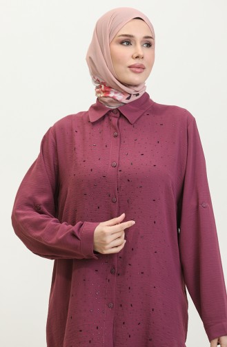 Damen-Hijab-Kleidung Große Größe Tunika-Hemd Stone Bakili 8707 Pflaume 8707.Mürdüm
