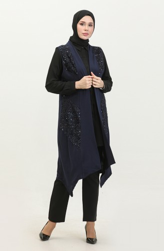 Women`s Large Size Sequined Black Vest Long 7016 2 Navy Blue 7016-2.Lacivert