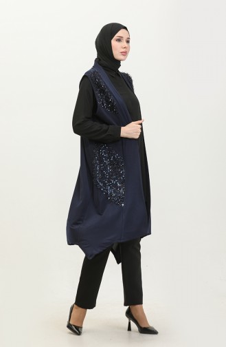 Women`s Large Size Sequined Black Vest Long 7016 2 Navy Blue 7016-2.Lacivert