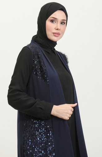 Women`s Large Size Sequined Black Vest Long 7016 2 Navy Blue 7016-2.Lacivert