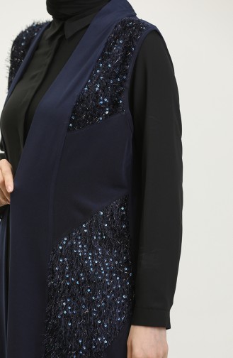 Women`s Large Size Sequined Black Vest Long 7016 2 Navy Blue 7016-2.Lacivert