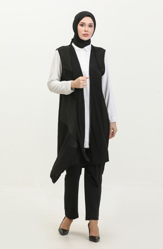 Damen Große Schwarze Lange Lederweste Hijab Asymmetrischer Schnitt 7016 Schwarz 7016.siyah