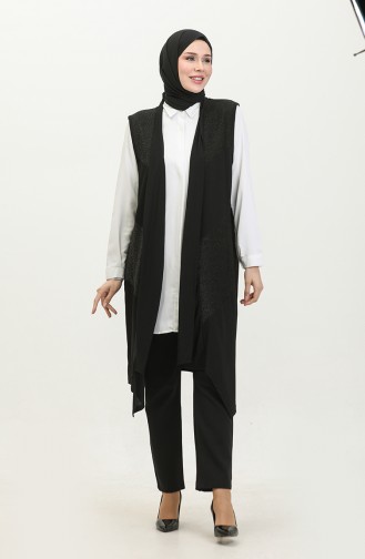 Gilet Long En Cuir Noir Grande Taille Pour Femme Hijab Coupe Asymétrique 7016 Noir 7016.siyah