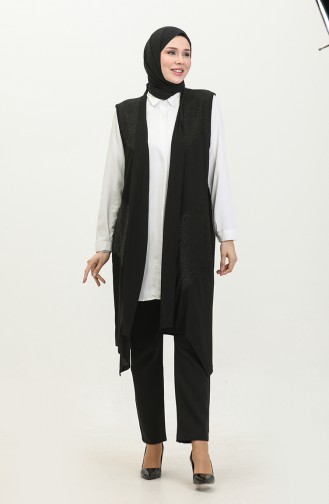 Damen Große Schwarze Lange Lederweste Hijab Asymmetrischer Schnitt 7016 Schwarz 7016.siyah