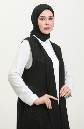 Damen Große Schwarze Lange Lederweste Hijab Asymmetrischer Schnitt 7016 Schwarz 7016.siyah