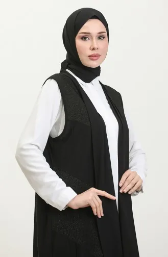 Gilet Long En Cuir Noir Grande Taille Pour Femme Hijab Coupe Asymétrique 7016 Noir 7016.siyah